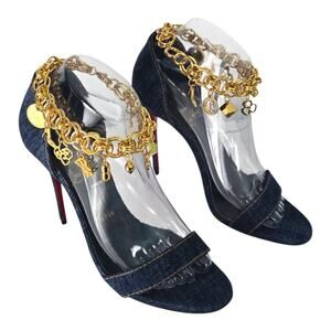 Christian Louboutin Gourmi Sandal 100 Denim Gold Charm Anklet Heel 39 w/ Box